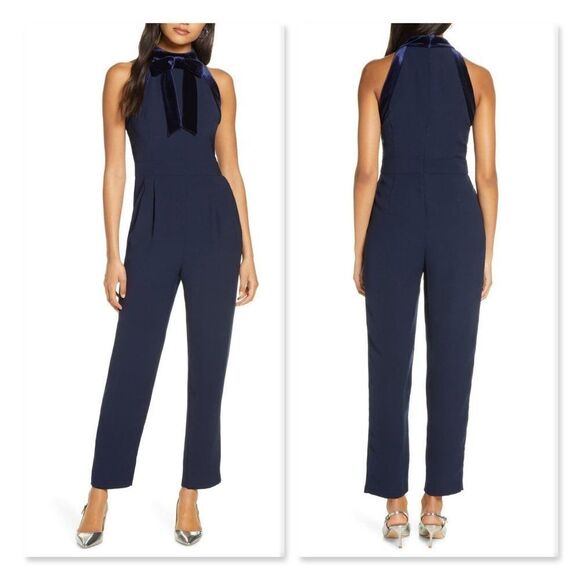 1901 Velvet Trim Halter Jumpsuit sz 8 in Navy - Picture 1 of 13